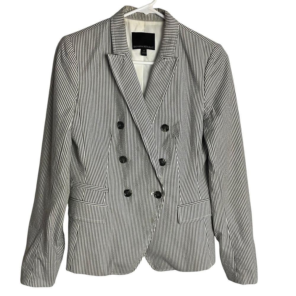 Banana Republic Womens Seersucker Blazer Size 4 White‎ Striped Double Breasted